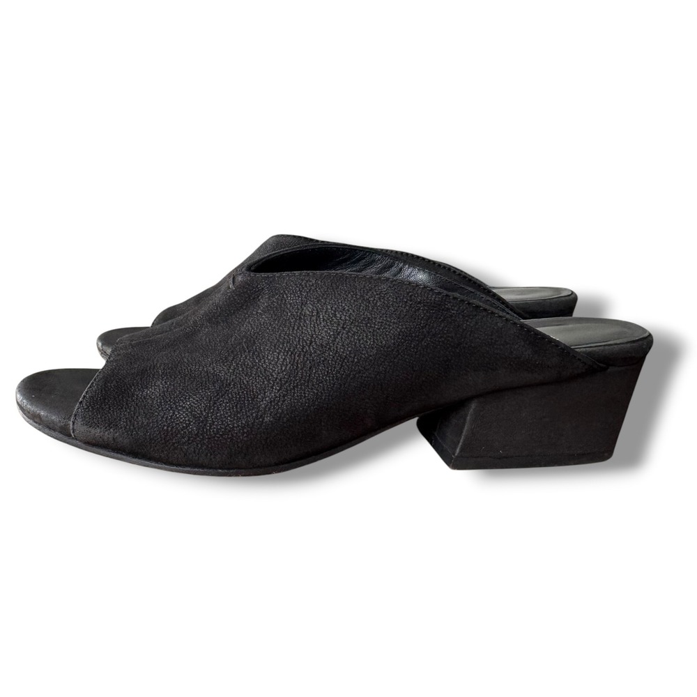 Eileen Fisher Black Leather Peep Toe‎ Block Heel Mules Sandals Womens 5.5